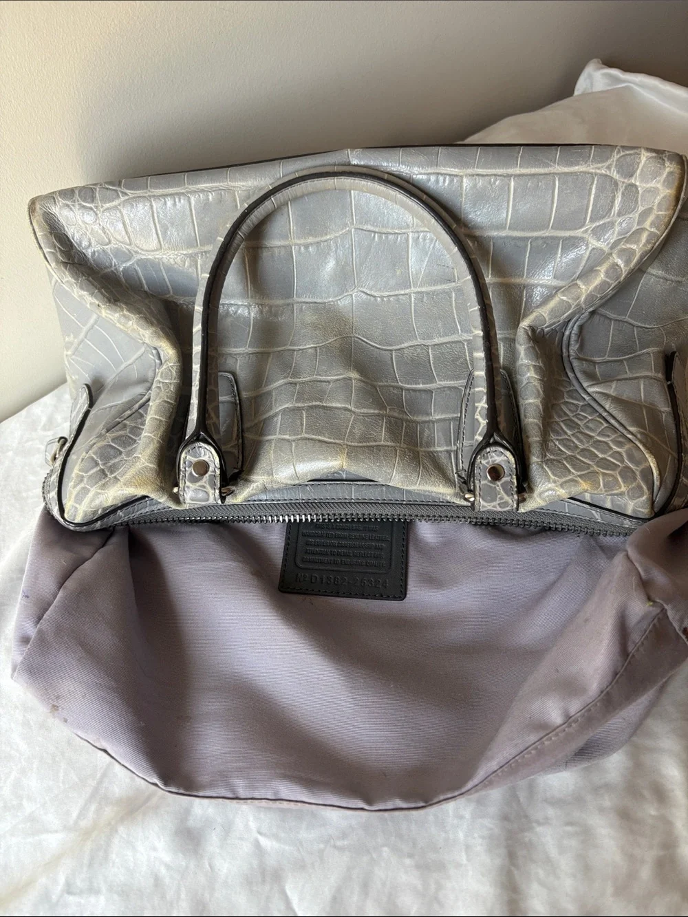 Coach Legacy Embossed Silver Grey Croc Leather Haley Satchel Handbag